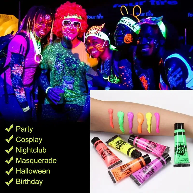 6 Color 25ml UV Neon Face Body Paint Neon Fluorescent Glow Safe Body Paint For Festivals Parties Halloween Makeup Festival Party Quake