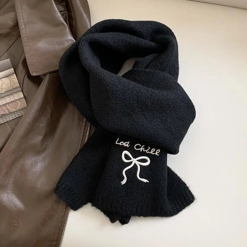 1pc College Style Imitation Cashmere Scarf Winter New Item Solid Color Embroidered Bow Couple Scarf Quake