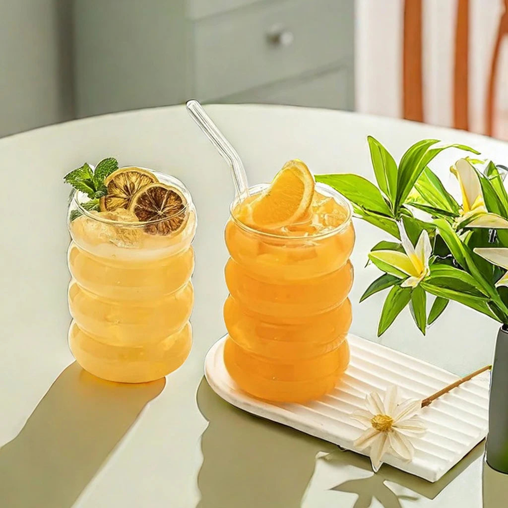 YWDL 4pcs Glass Cups Coffee Mug Clear Drinking Glasses Ribbed Glassware Cups With Straws Set Cocktail Fruit Glass Drinkware Quake
