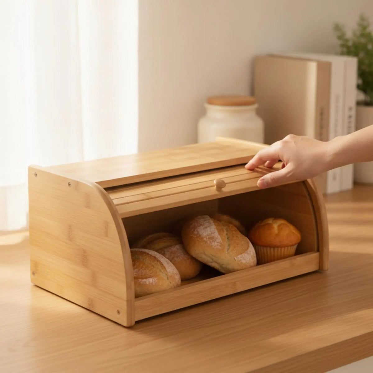 Bamboo Bread Bin with Slatted Roll Front Door for Kitchen Pastry Snack Storage Holder Quake