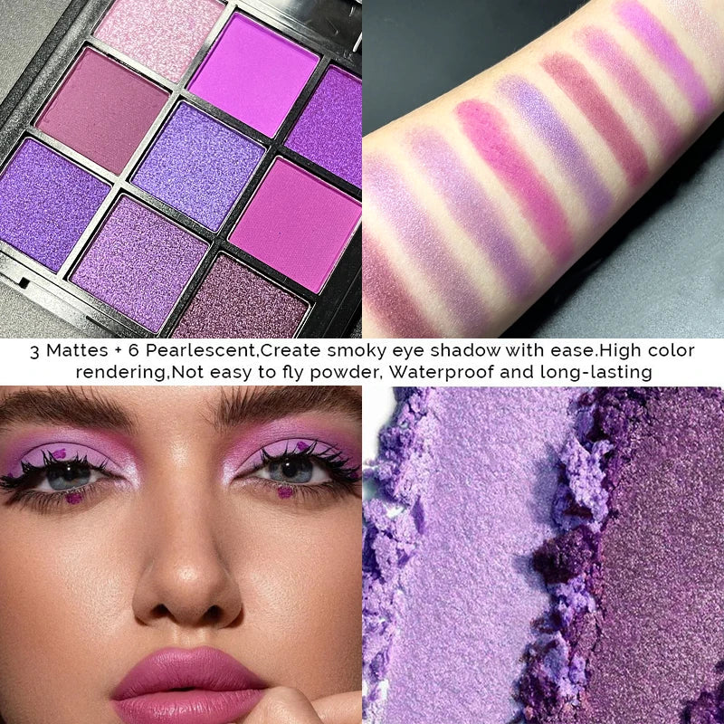 9 Color Eyeshadow Palette Matte Shimmer Glitter Purple Gray Smoky Style Cosplay Music Festival Makeup for a Glamorous Look Quake