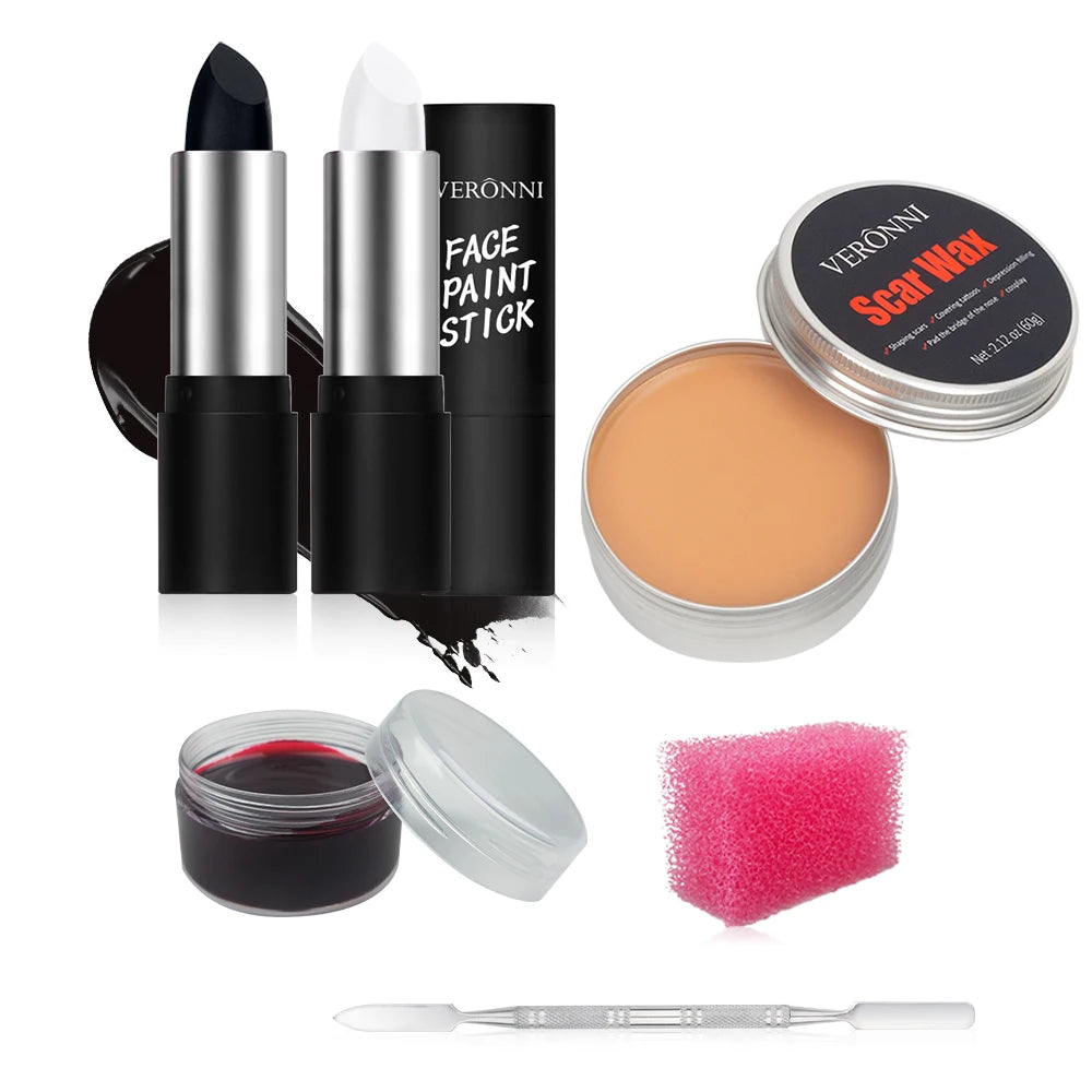 6Pcs SFX Makeup Kit Face Body Painting with Scar Wax, Fake Blood,Spatula, ponge,Halloween Artist Makeup Painting Kit Halloween M Quake 03