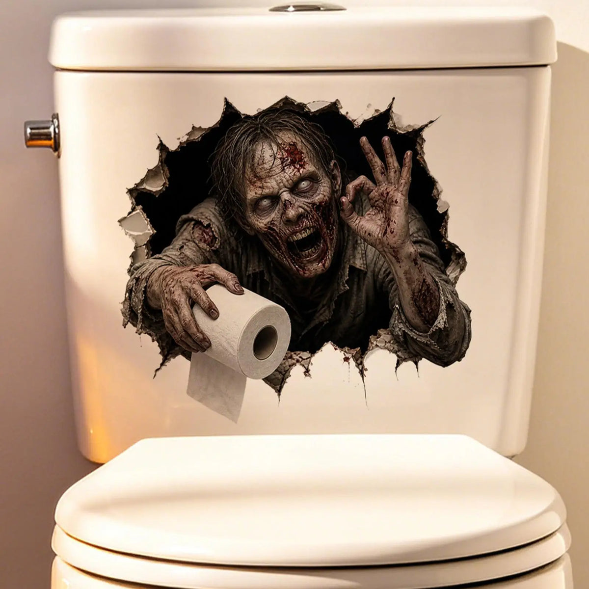 2DHalloween Toilet Decal Holiday Horror Bathroom Decal Break Through Wall Toilet Tank Sticker for Indoor Home Apartment Bathroom Quake