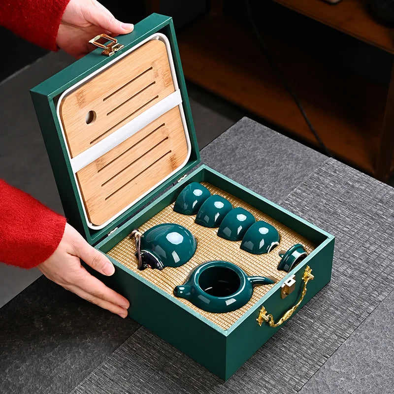 Ding kiln kungfu tea set complete set including tea tray with gift box ceramic teapot gift high-end Quake