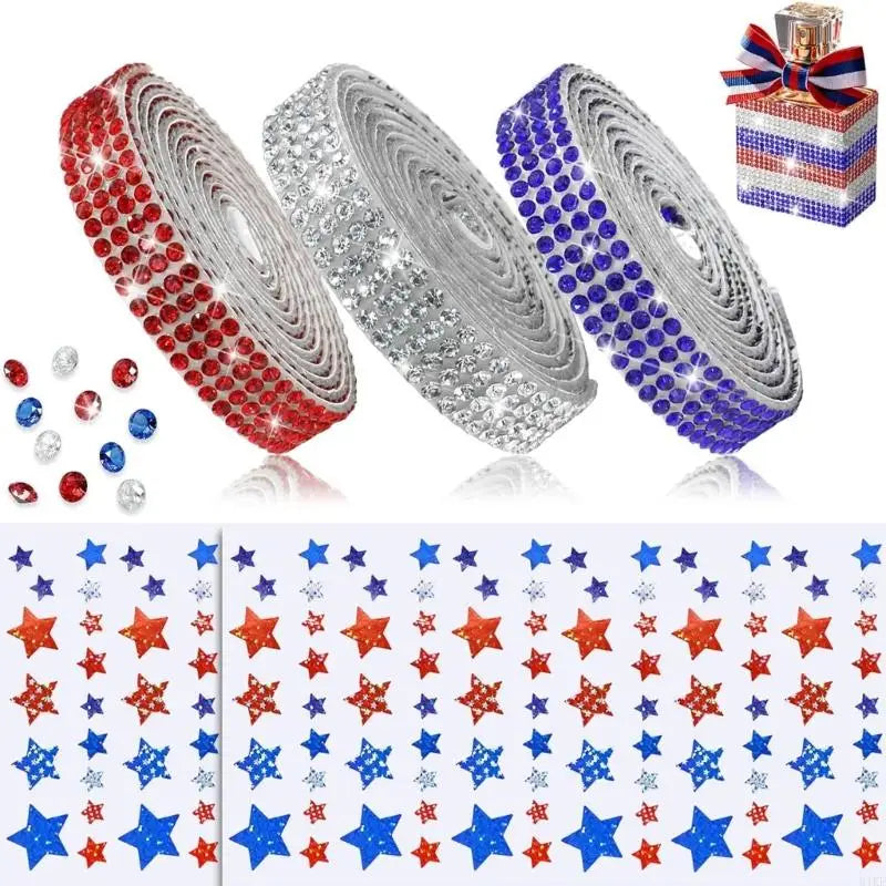 Red White Blue Adhesive Rhinestones Ribbon Set with 3 Rolls and 2 Star Sheets for Celebration Crafts, Gift Wrap, Cards and K1KF Quake