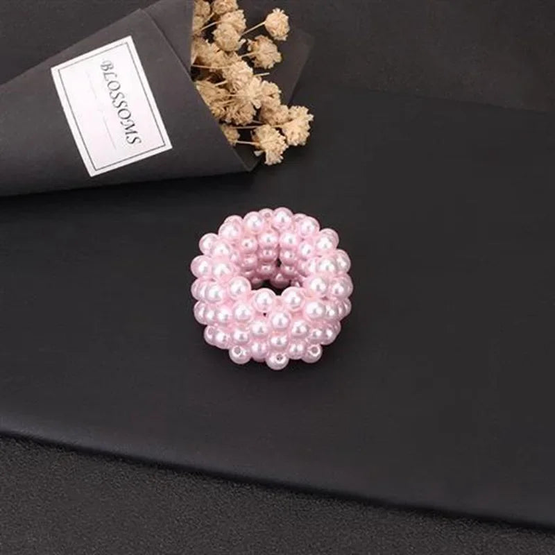 Korean Version of Fresh Ponytail Rubber Headband, Fashionable Handmade Imitation Pearl Beaded Hair Band Headrope Wholesale Quake 4cm pink