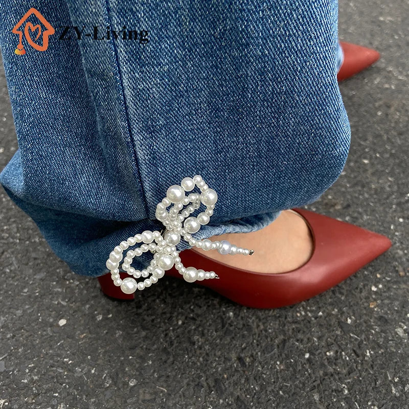1PCS Imitation Pearl Bow Pin Button Clasps Fixed Clothes Pin Adjustable Detachable Jean Fit Tighten Buckle Unisex Quake