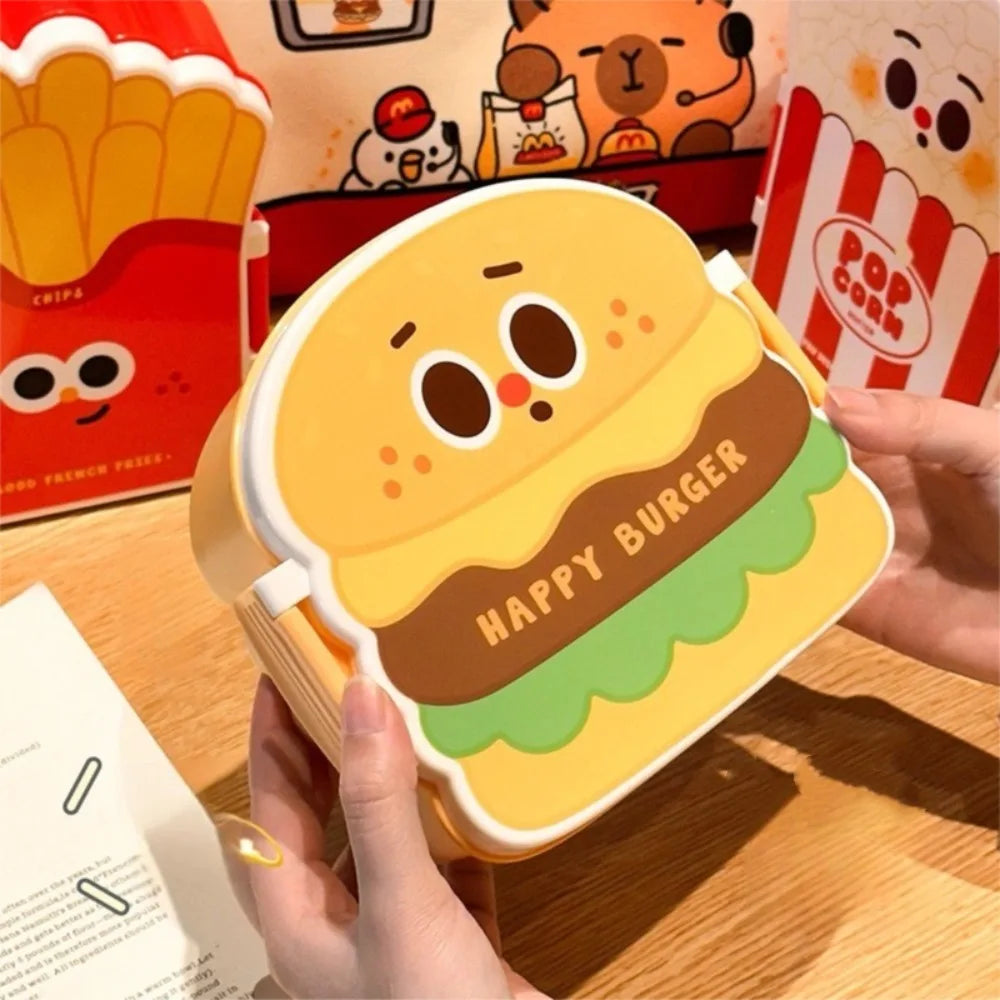 Creative Cartoon Bento Box Hamburger French Fries Leakproof Portable Lunch Box Divided Food Container Picnic Quake