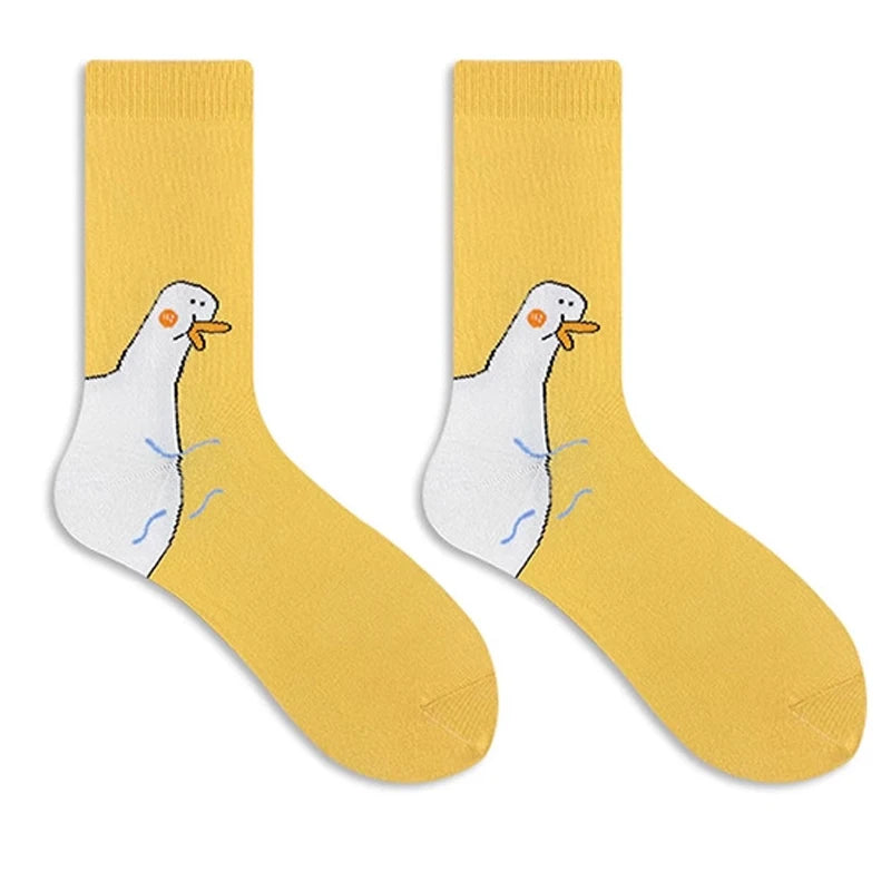 1 pair Fun Goose Duck Printed Fashion Women's Cartoon Animal Winter Warm Mid Tube Cotton Socks Sports Creative Leisure Quake yellow One Size