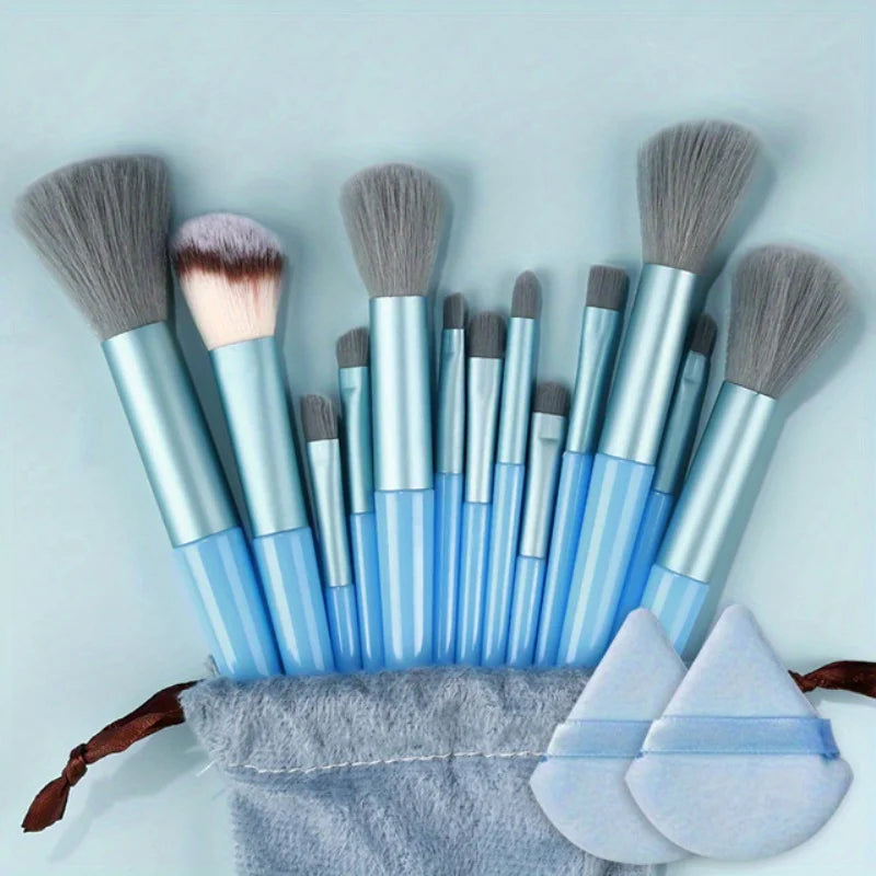 Makeup Brushes Set 13Pcs Premium Synthetic Brush Foundation Powder Blending Concealer Eyeshadow Blush Cosmetics Brushes Travel Quake BLUE with bag