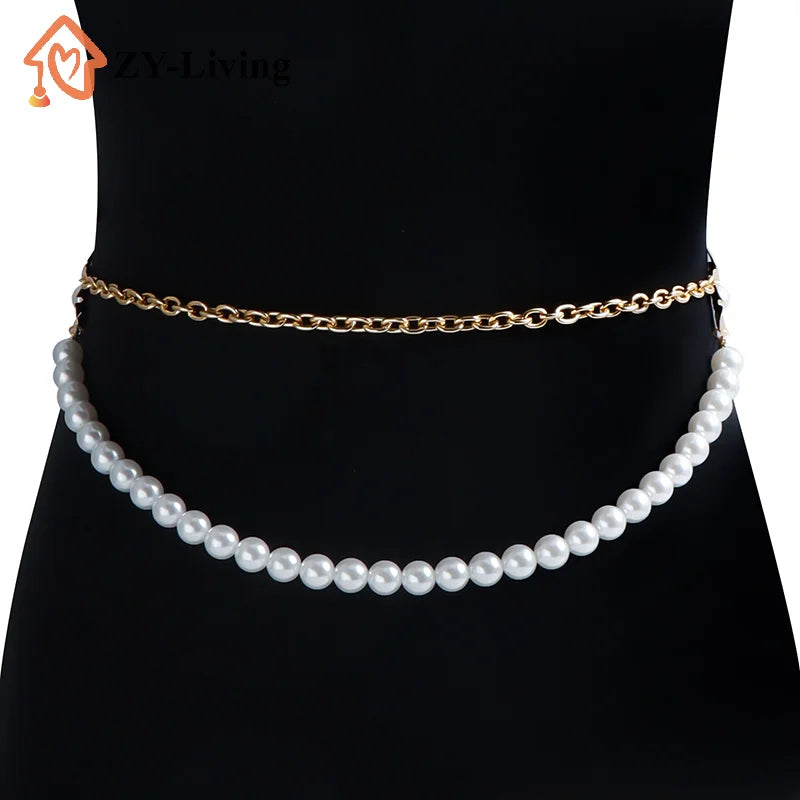 Ladies Fashion Metal Pearl Flowers Waist Chain Women Thin Body Dress Pants Decoration Belts For Girls Luxury Waist Chain Quake