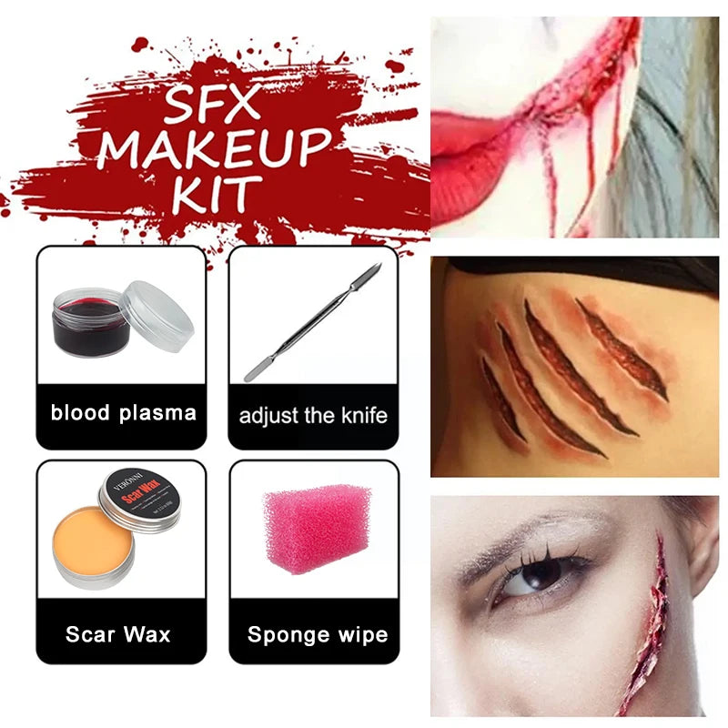 2/4/5PCS SFX Makeup Set Special Effect Halloween Party Wound Scar Wax Makeup with Spatula Sponge to Create a Blood Splash Shape Quake