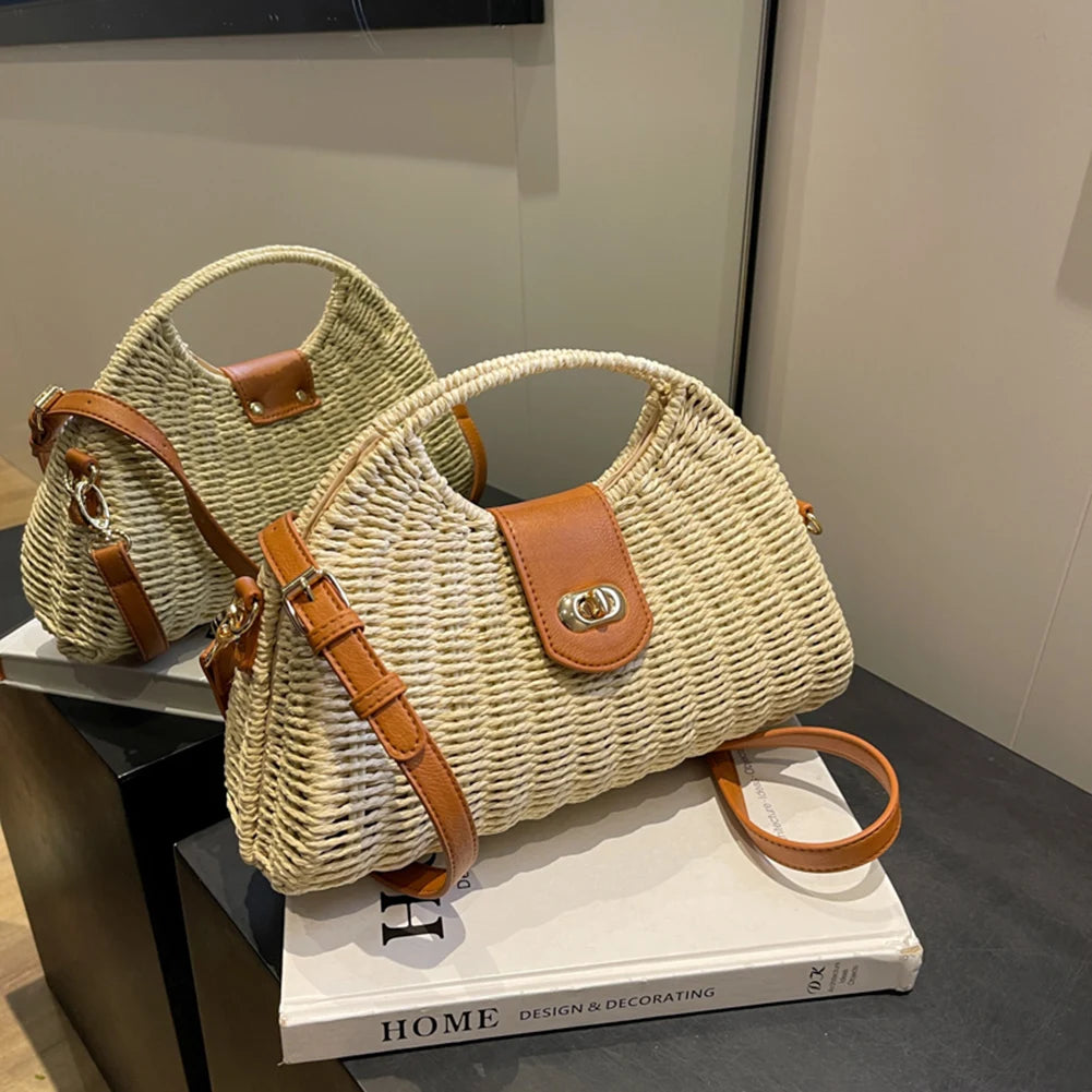 Women Hand-Woven Bag Summer Woven Shell Female Tote Bag Handmade Fashion Holiday Casual Simple Elegant Lady Straw Bag Quake
