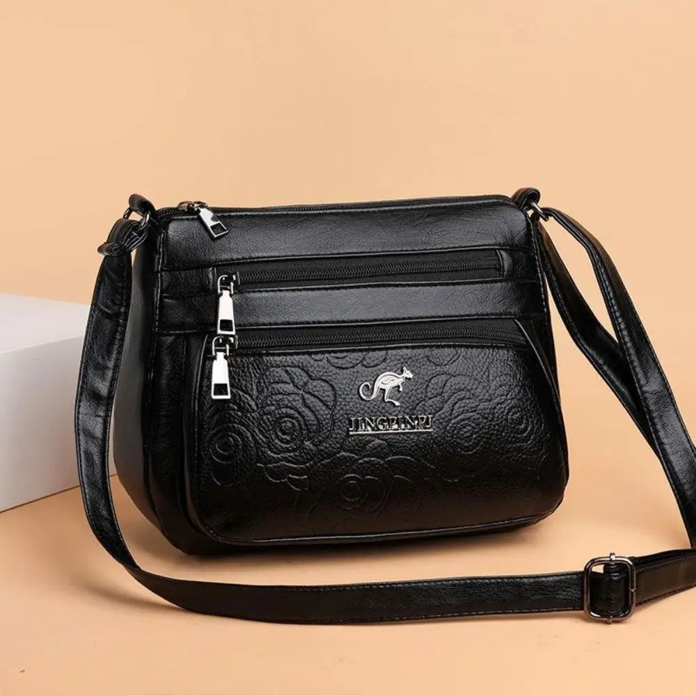Elegant PU Leather Buying Vegetable Bag Large Capacity Black Middle-aged Mother's Bag Multi-layer Shoulder Messenger Bag Woman Quake