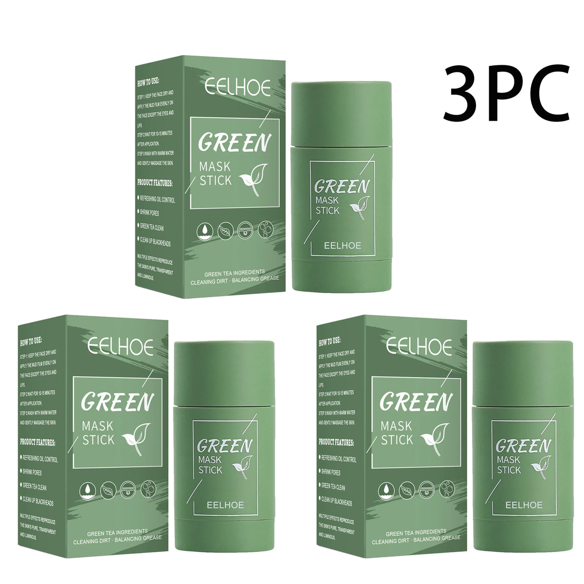 Valentine's Day Gift Green Tea Face Mask Stick for Deep Cleansing Pore Minimizing Acne & Blackhead Care Moisturizing Oil Control Quake 3pc