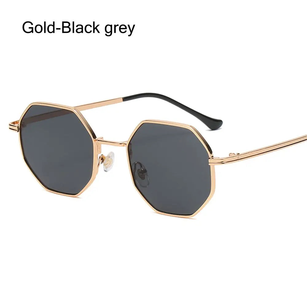 Summer UV Protection Sunglasses Fashion Polygon Sun Glasses for Women Men Trendy Classic Metal Frame Shades Eyewear Quake Gold-Black grey