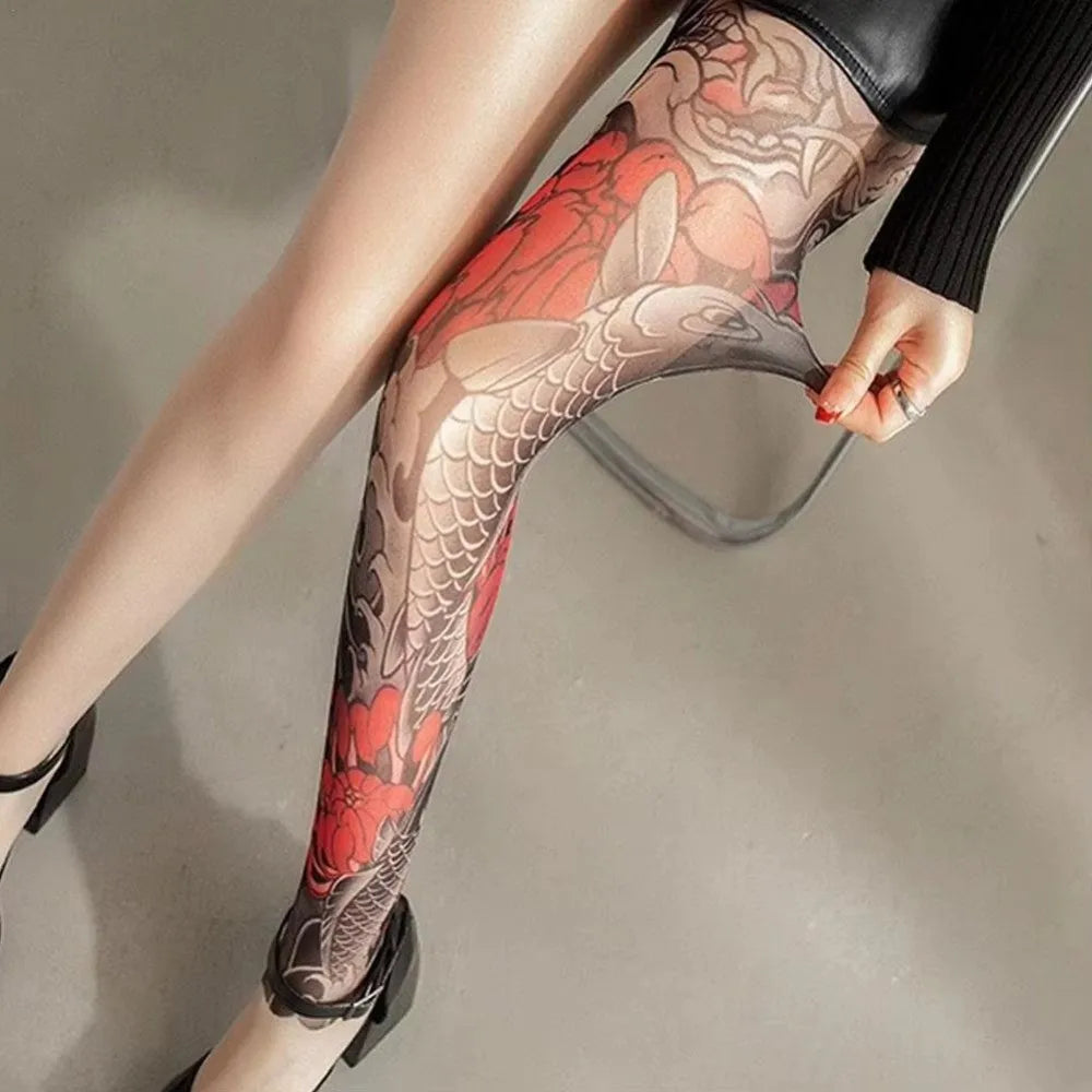 New Fake Tattoo Women's Sexy Printed Tights Mesh Leggings High Pantyhose Perspective Peony Pantyhose Summer Quake