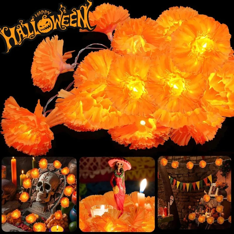 Halloween Marigold Flowers Light String Artificial Marigold Garland Battery Powered LED Lamp Halloween Outdoor Party Decorations Quake