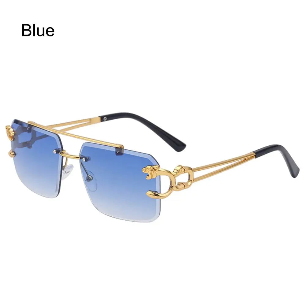 Fashion Retro Cheetah Decoration Sunglasses for Women Men Metal Steampunk Sun Glasses Summer UV400 Shades Trendy Rimless Eyewear Quake Blue