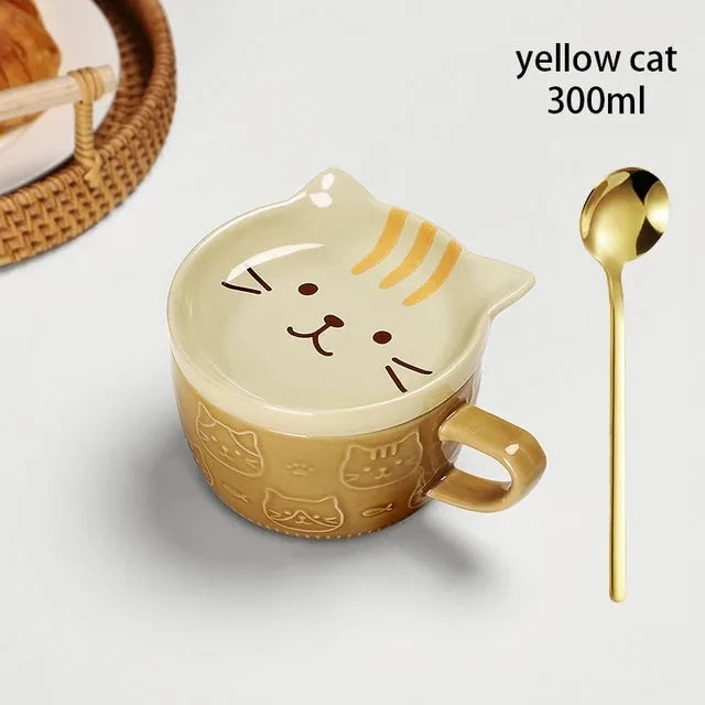 YWDL Japanese Cartoon Cat Coffee Mug With Animal Cat Pattern Lid Small Dish Cute Breakfast Cup Creative Coffee Cup Milk Cup Gift Quake yellow cat 301-400ml