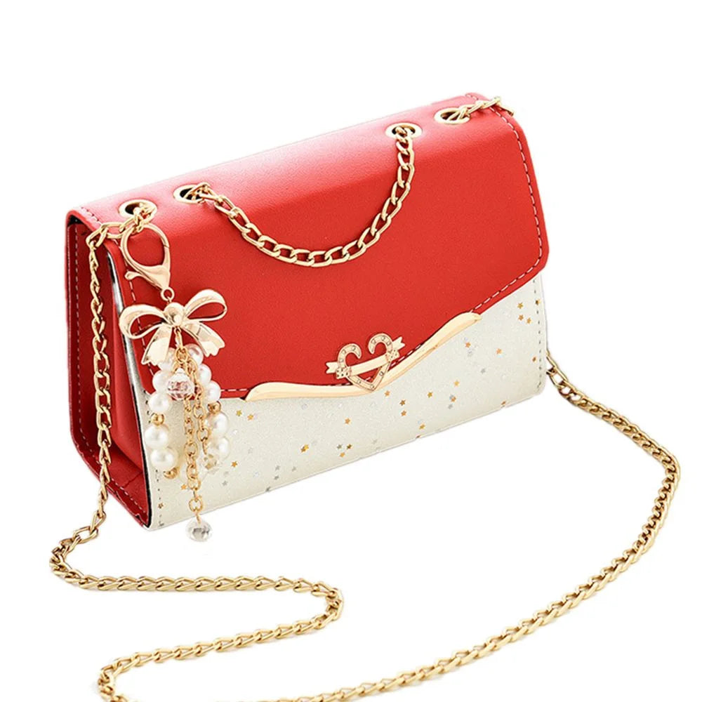 Fashion Messenger Bag Women Trendy Sequin Single Shoulder Bags Mobile Phone Pouch Ladies PU Leather Handbag with Tassel Pendant Quake red