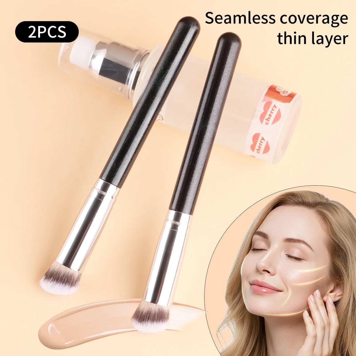 2Pcs Black & Silver Handle Concealer Brush Set, Round Head Foundation Brush for Spot,Professional Face Makeup Tools Quake