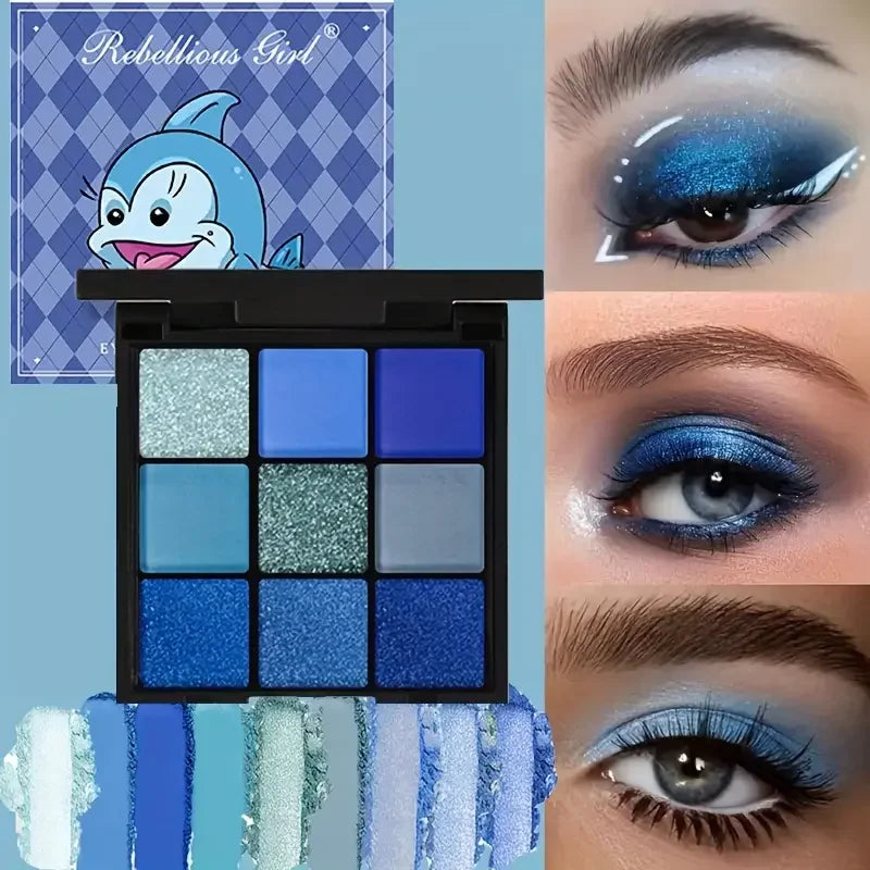 9 Color Eyeshadow Palette Blue Waterproof Sweatproof Blue Matte Pearl Glitter Finish Performance Stage Makeup Music Festival Quake