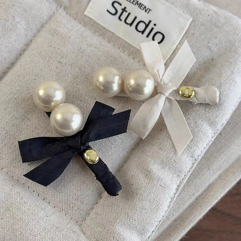 Japanese Exquisite Pearl Bow Bangs Side Clip Women Girl Sweet Duckbill Clip Versatile Temperament Hairpin Hair Style Accessories Quake