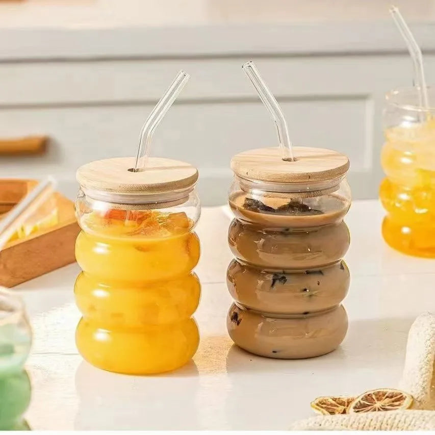 YWDL 350/480ml Heat-Resistant Wave Cup Set of 2 with Lid And Straw Beer Juice Ice Coffee Cocktail Fruit Glass Drinkware Quake