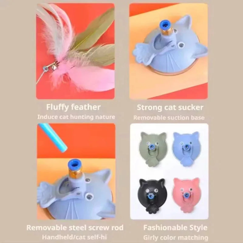 Pet Teasing Cat Stick Feather Wand With Bell - Interactive Suction Cup Toy for Kittens and Cats, Fun Playing Accessories to Enga Quake