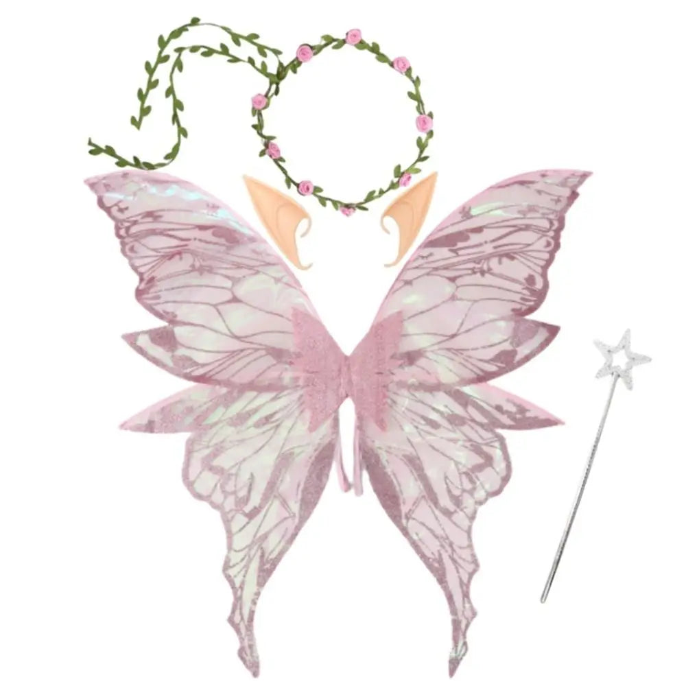 Flower Crown Fairy Costume Set Star Wand Gold Foil Fairy Butterfly Wings Dress-Up Elf Ears Sparkling Angel Wings for Kids Adults Quake