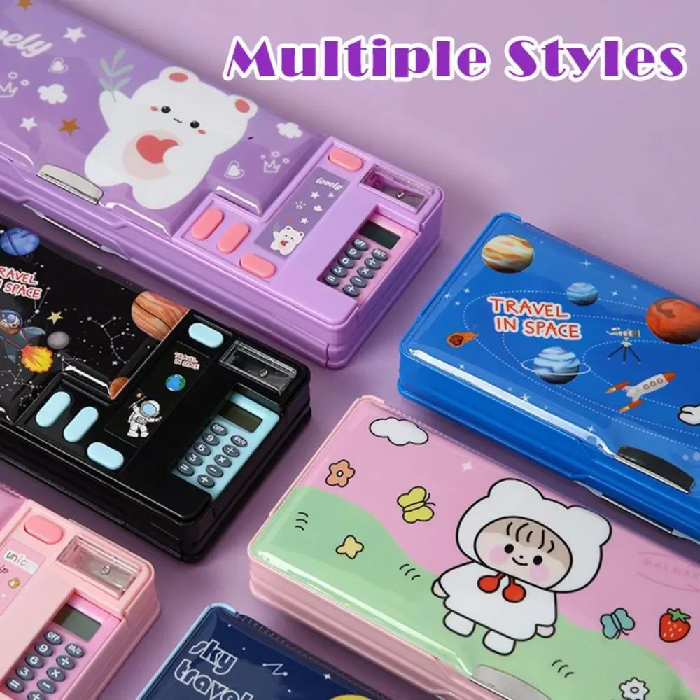 Plastic Pencil Case Fun Mechanism Design Double Sided Use Stationery Storage Box Large Capacity With Calculator/Pencil Sharpener Quake