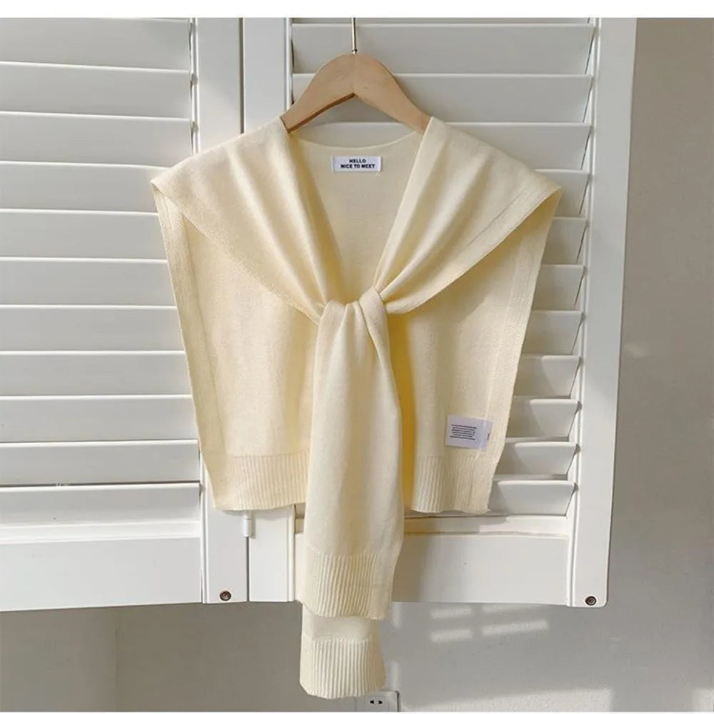 Fashion Knitted Design Knitted Shawl Knotted Solid Color Fake Collar Neck Guard Thin Shoulder Scarf Women Quake Beige