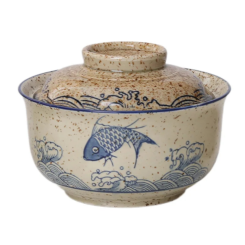 YWDL 6.5inch Japanese Style Ramen Bowl With Lid Ceramic Instant Noodle Bowl For Soup Rice Noodle And Porridge Kitchen Tableware Quake Fish