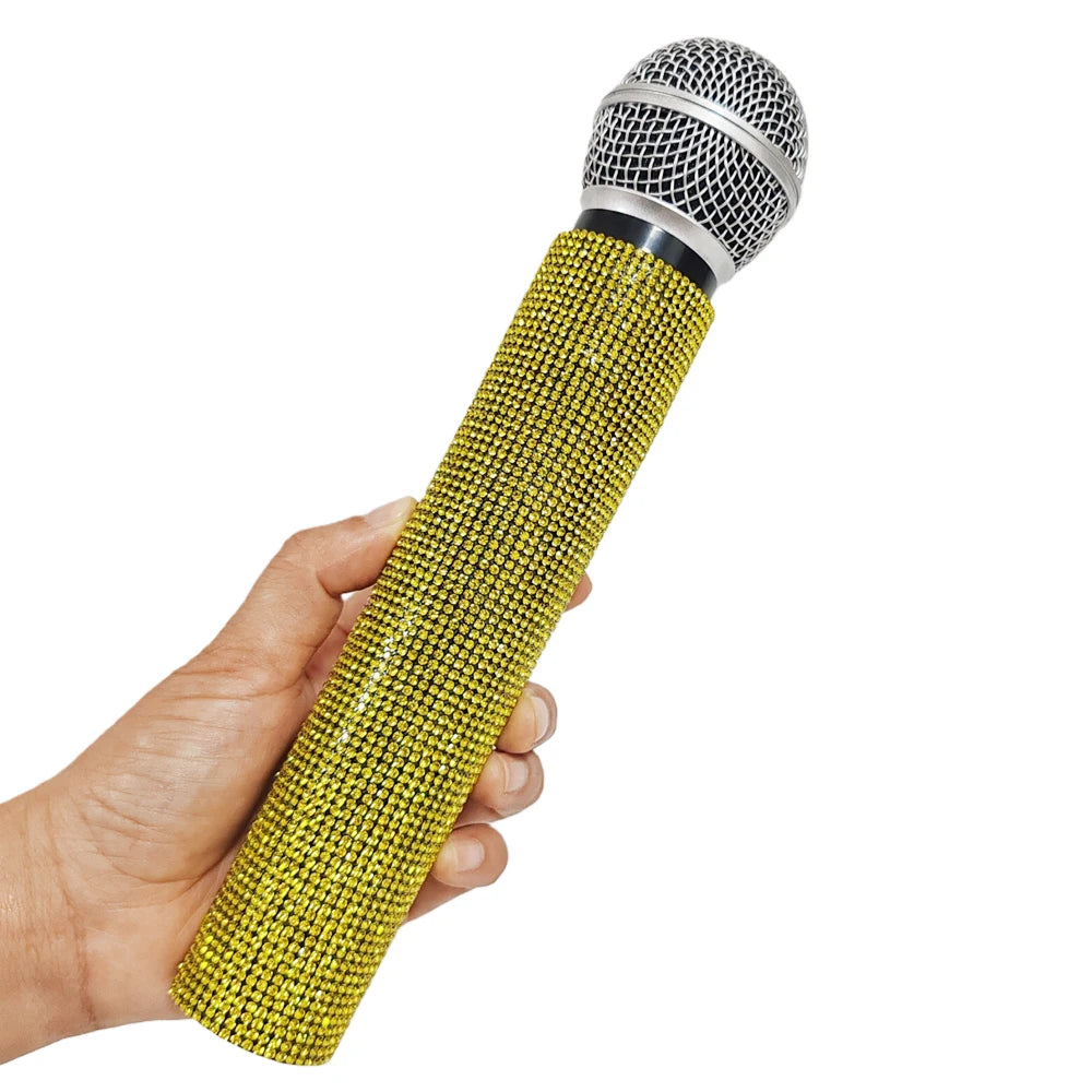 Rhinestone Simulation Microphone Props Colorful Plastic Fake Mic Decoration Ornaments For Home Bar Party Photography Cosplay Quake gold yellow