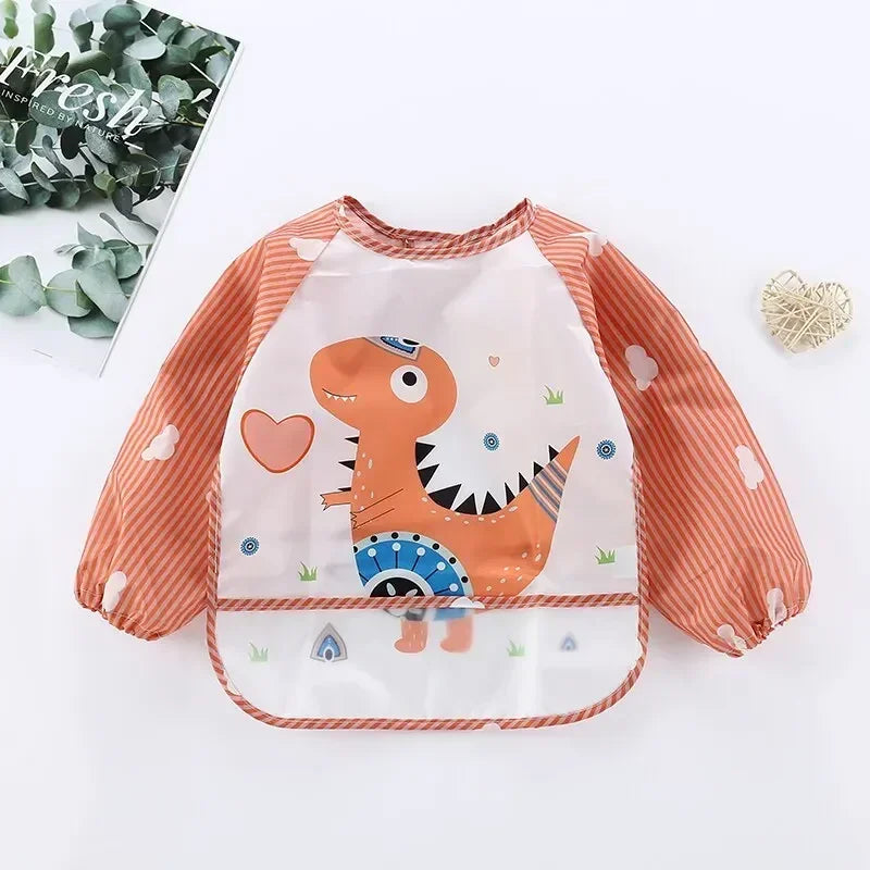 1Pcs Toddler Baby Cartoon Long Sleeve Art Apron Waterproof Eating Smock Infant Animal Smock Soft Baby Bib Burp Clothes Quake B31 Red Dinosaur 0-3Years old