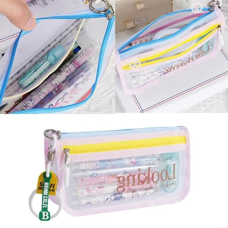 High Capacity Pen Bag Clear Mesh Pencil Case Double Layered Pen Organizers K1KF Quake