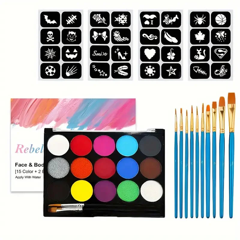 15Color BodyPainting Kit Vibrant Face Color Makeup Cream for Stage Costume Performances Includes Stencil and Brush Quake 15 color -3pcs