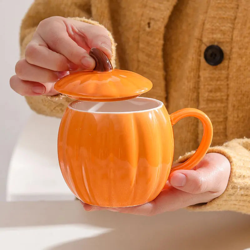 1/2 PCS Cute Pumpkin Ceramic Mug with Lid, 450ml, Coffee Water Milk Oatmeal Cup, Gift for Christmas Halloween Easter Kids Quake 1 pumpkin cup 401-500ml