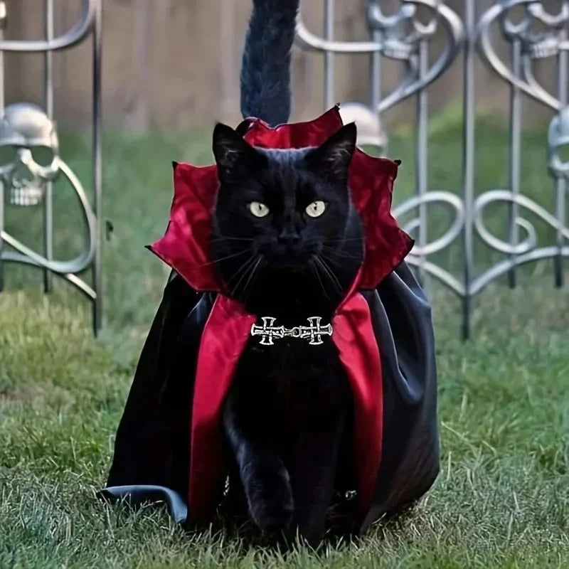 Spooky Vampire Halloween Costume for Cats, Cloak & Hat Set, Pet Party Festival Cosplay Apparel Quake