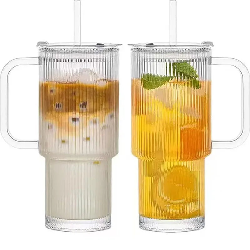 YWDL 760ML Ribbed Glass Tumbler with Handle And Lid Large Iced Coffee Cup with Straws for Cold And Hot Beverages 1/2 Set Quake 2PCS 760ml
