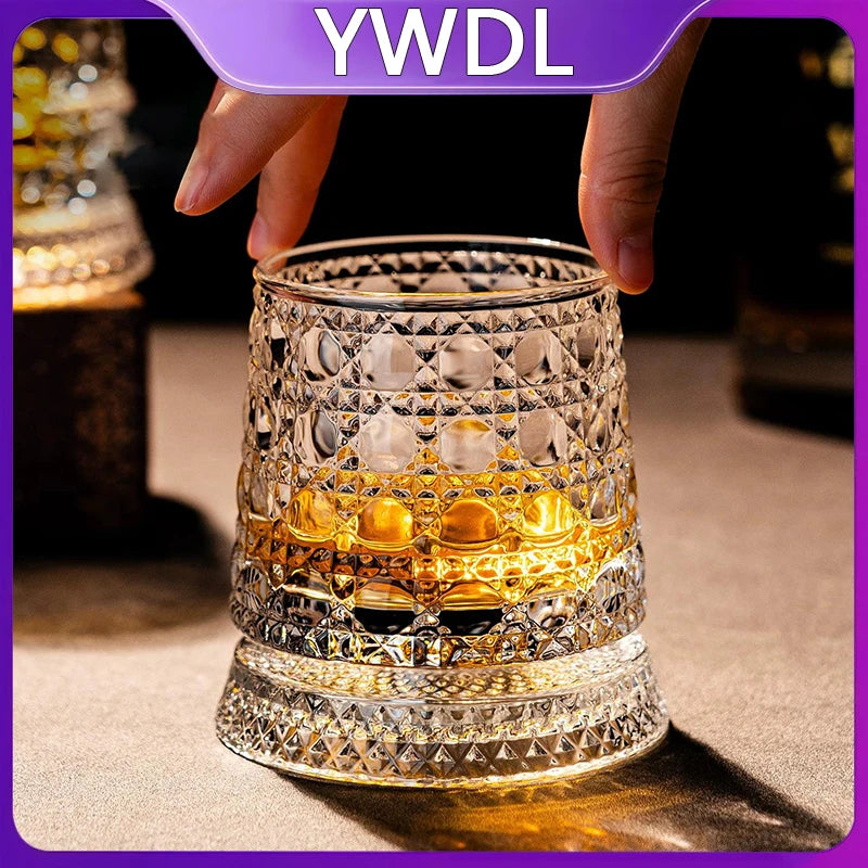 YWDL 360° Rotatable Whiskey Tumbler with Glass Base Embossed Crystal Whisky Glass Spinning Cup for Rum Cocktail Bar Party Gift Quake