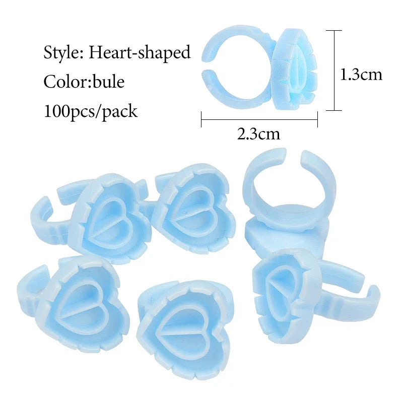 vvocci 100 PCS Heart-shaped Glue Ring Cup Disposable Plastic Eyelash Extension Tattoo Pigment Holder Pallet Lash Makeup Tools Quake M45 Blue