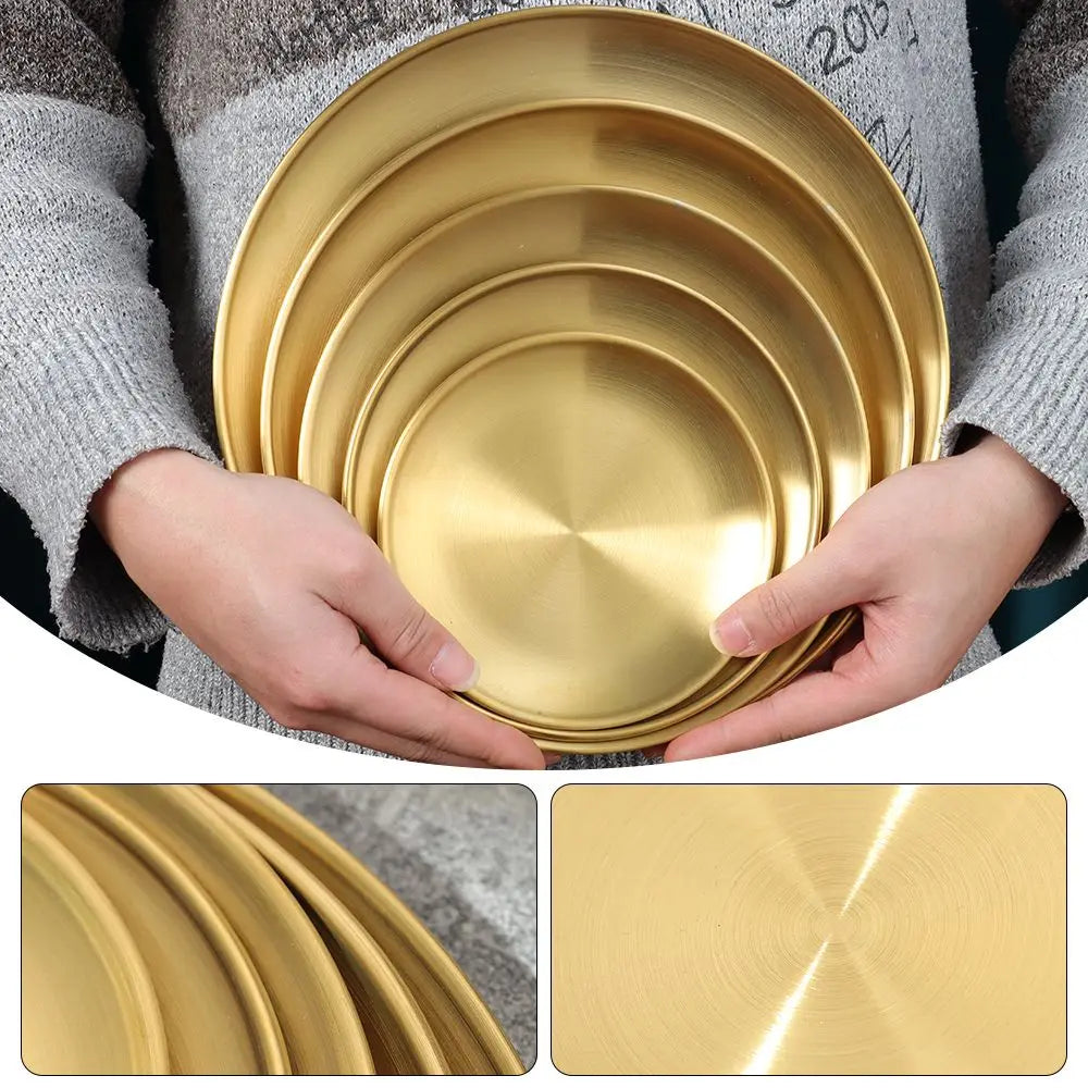 14/17/20/23/26CM Stainless Steel Bone Spitting Dish Gold Silver Shallow Tray Metal Dining Disc Round Plate Dessert Tableware Quake