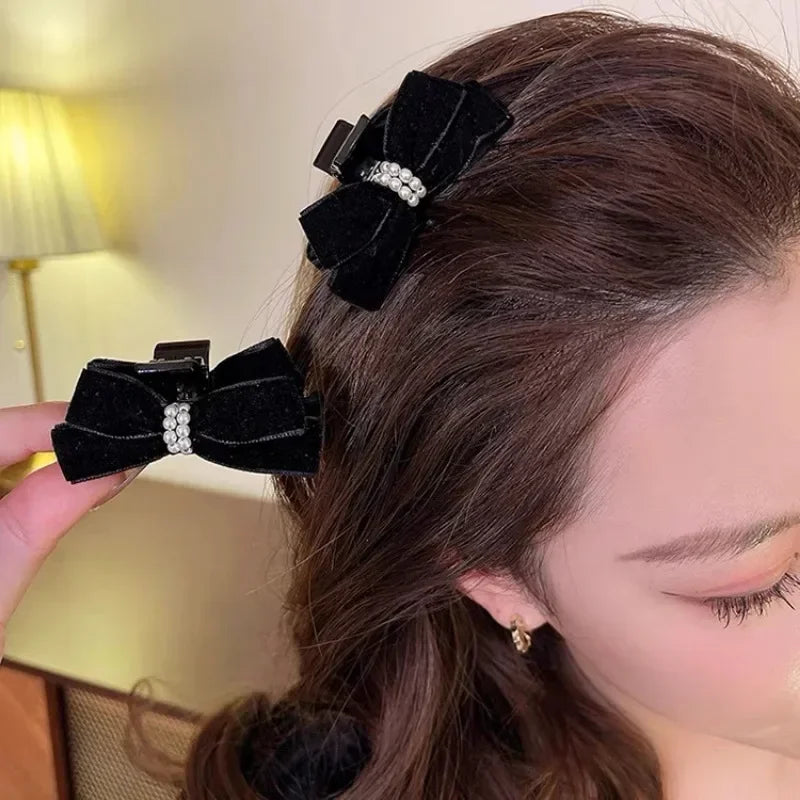 Sweet Cute Velvet Bow Hair Clip Forehead Bangs Side Clip Korean Fashion Small Hair Side Clip Black Red Pearl Headdress Wholesale Quake