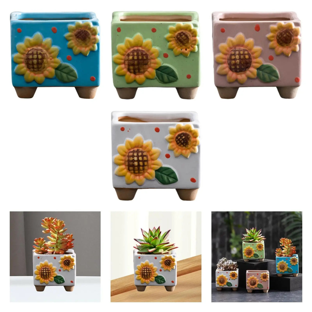 Ceramic Sunflower Planter Decorative Plant Pot Housewarming Gift Tabletop Ornament Small Square Flower Pot for Desk Shelf Quake