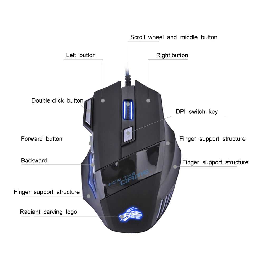 Wired Gaming Mouse 7 Button Backlit 5500 DPI Adjustable Optical PC Gamer Mice Quake