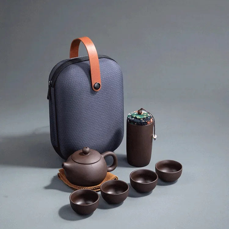 One Pot of Purple Clay Four Cups Outdoor Portable Tea Set Travel Tea Set Gift for Friends Quake Teaware Set