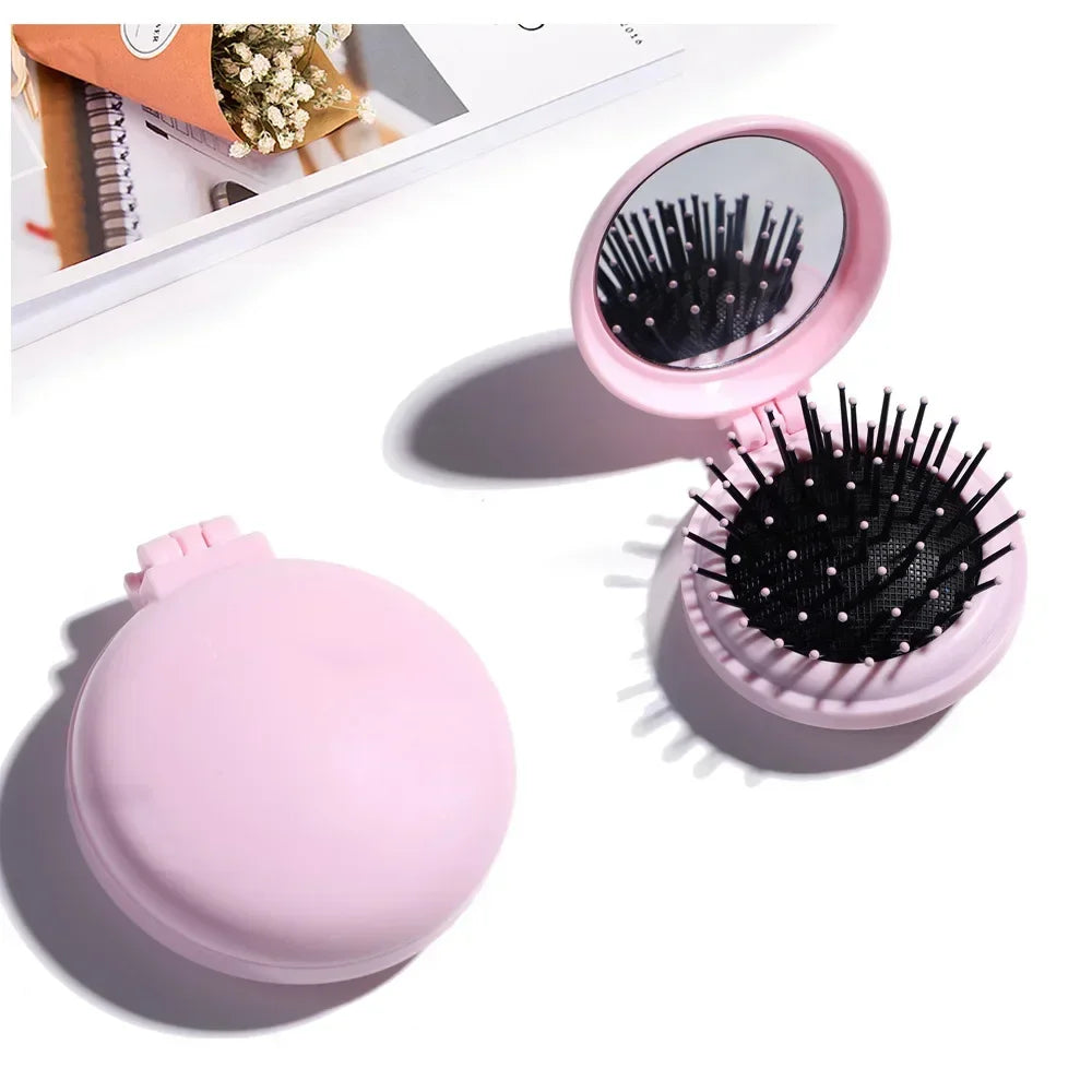 Portable Mini Round Hair Comb with Mirror Pocket Small Size Traveling Massage Folding Hair Comb Women Hair Brushes Styling Tools Quake Pink