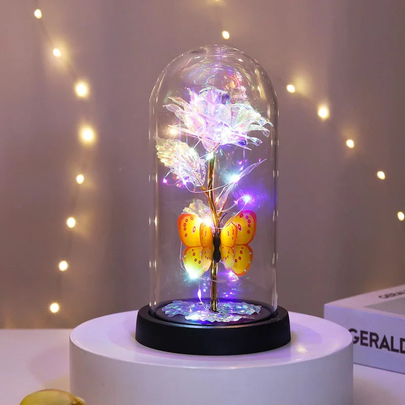 Glass Cover Rose Immortality Flower with Lamp Qixi Valentine's Day Gift Creative Decoration Decorations Quake A glass cover 11.5X23X9CM
